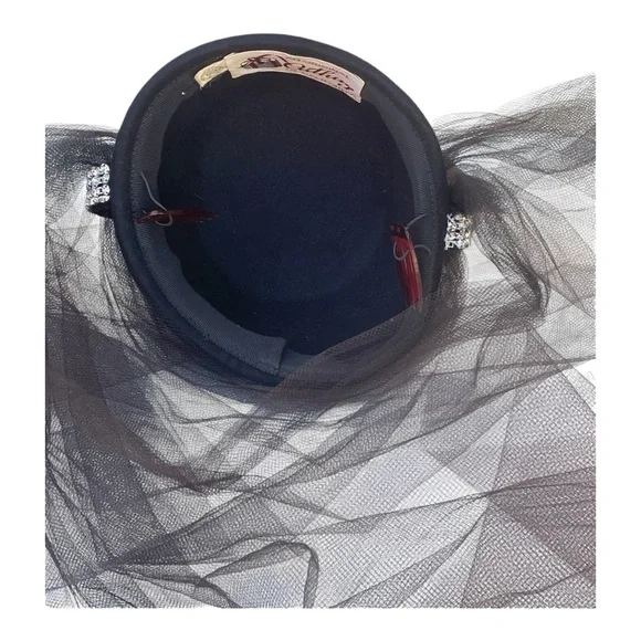 Vintage Tulle Train Art-Deco Rhinestone-Style Pillbox Hat - Picture 12 of 16